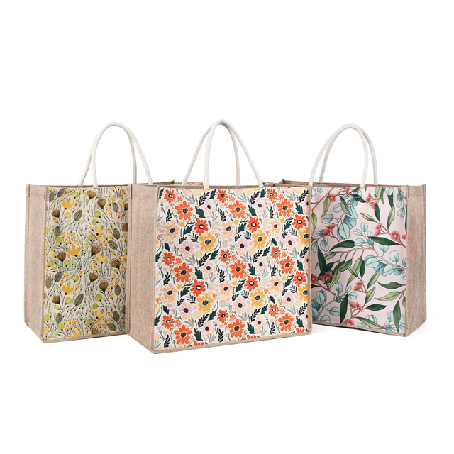 Custom Floral Printed Jute Burlap Tote Bags Reusable Shopping Gift Bags with Rope Handles for Boutique Retail Packaging