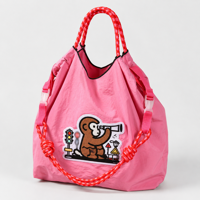Custom Embroidered Nylon Shoulder Tote Bag Reusable Lightweight Shopping Carry Bag with Cartoon Patch for Travel Daily Use