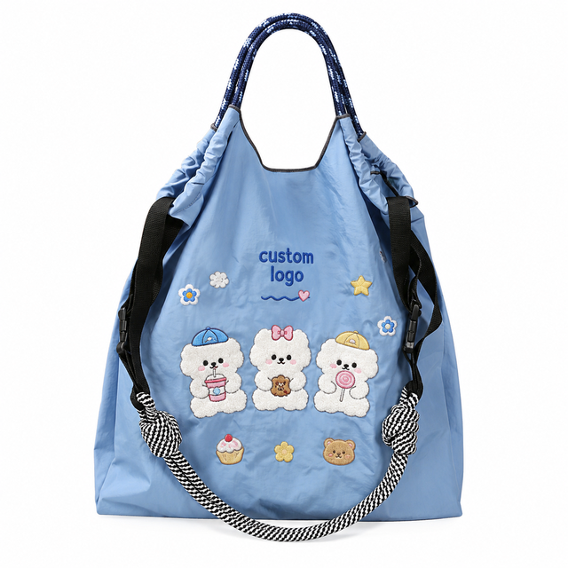 Custom Cartoon Embroidered Nylon Tote Bags Reusable Large Capacity Shopping Carry Bags with Logo for Grocery Travel Wholesale