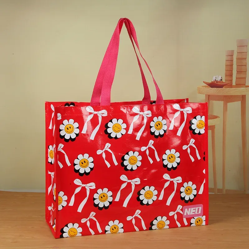 Influencer PP Portable Woven Bag Wholesale Coated Film Square Bottom Advertising Eco-friendly Gift Shopping Woven Handbag
